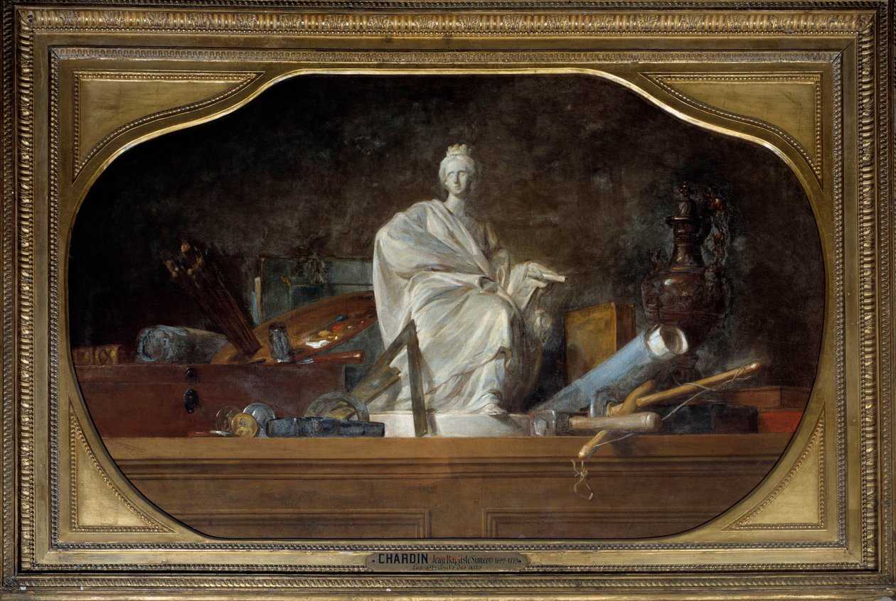 Atributy umění Alegorie umění se sochařskými nástroji, soška. Obraz Jean Baptiste Simeon Chardin (1699-1779) 1765 Ne. 0,91 x 1,45 m od Jean Baptiste Simeon Chardin