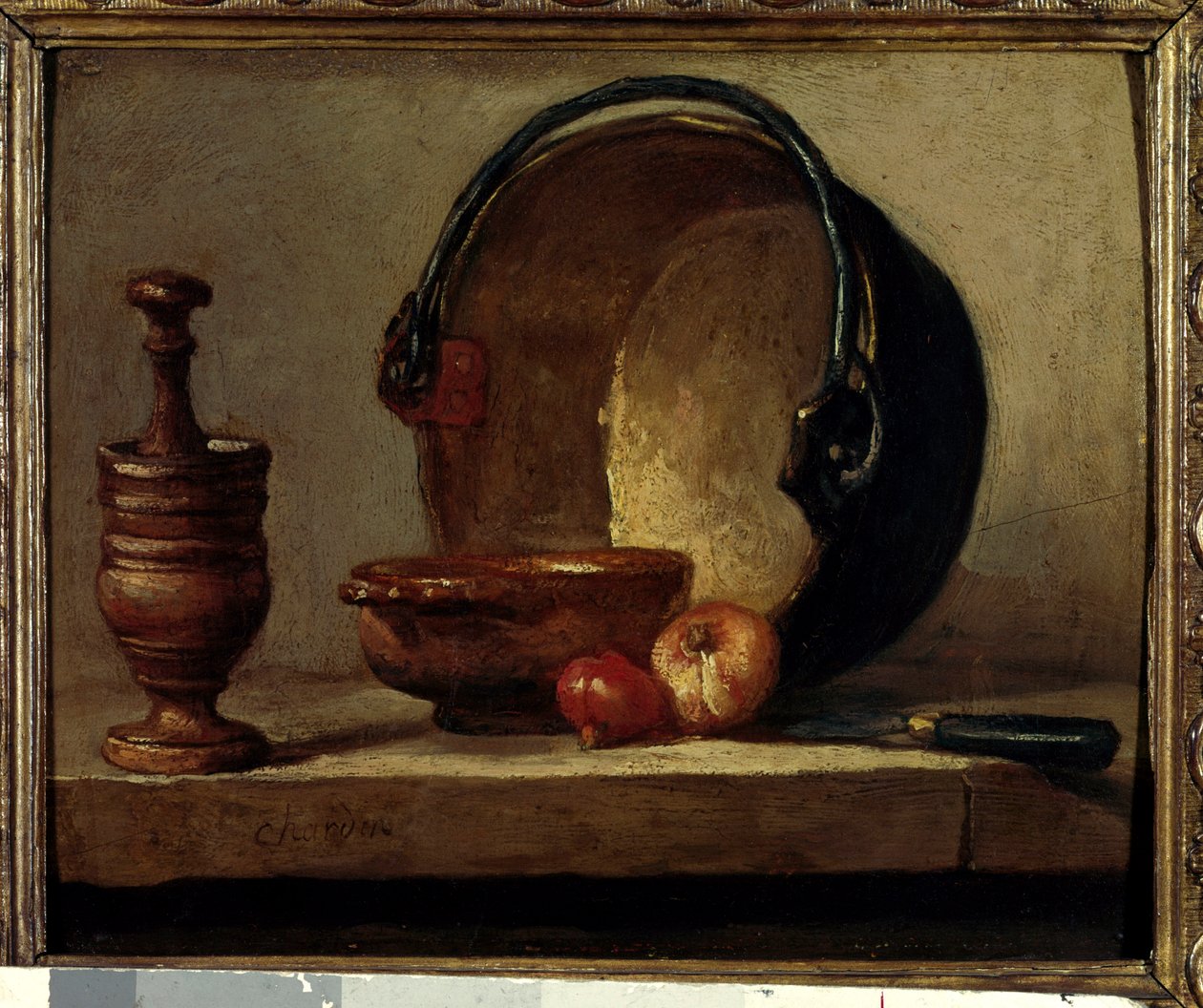 Měděné chaudonské zátiší s maltou a cibulí. Obraz Jean Baptiste Simeon Chardin (1699-1779) 1732 Paříž, Musee Cognacq Jay od Jean Baptiste Simeon Chardin