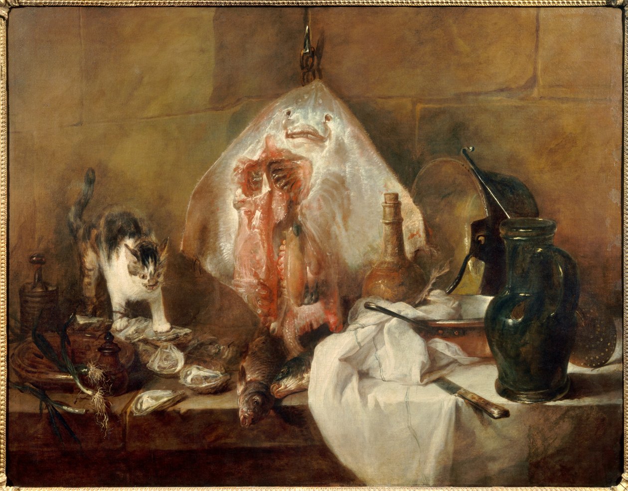 Zátiší brusle ryb, ústřic, džbán. Obraz Jean Baptiste Simeon Chardin (1699-1779) 1727 Ne. 1,14 x 1,46 m Paříž. muzeum Louvre od Jean Baptiste Simeon Chardin