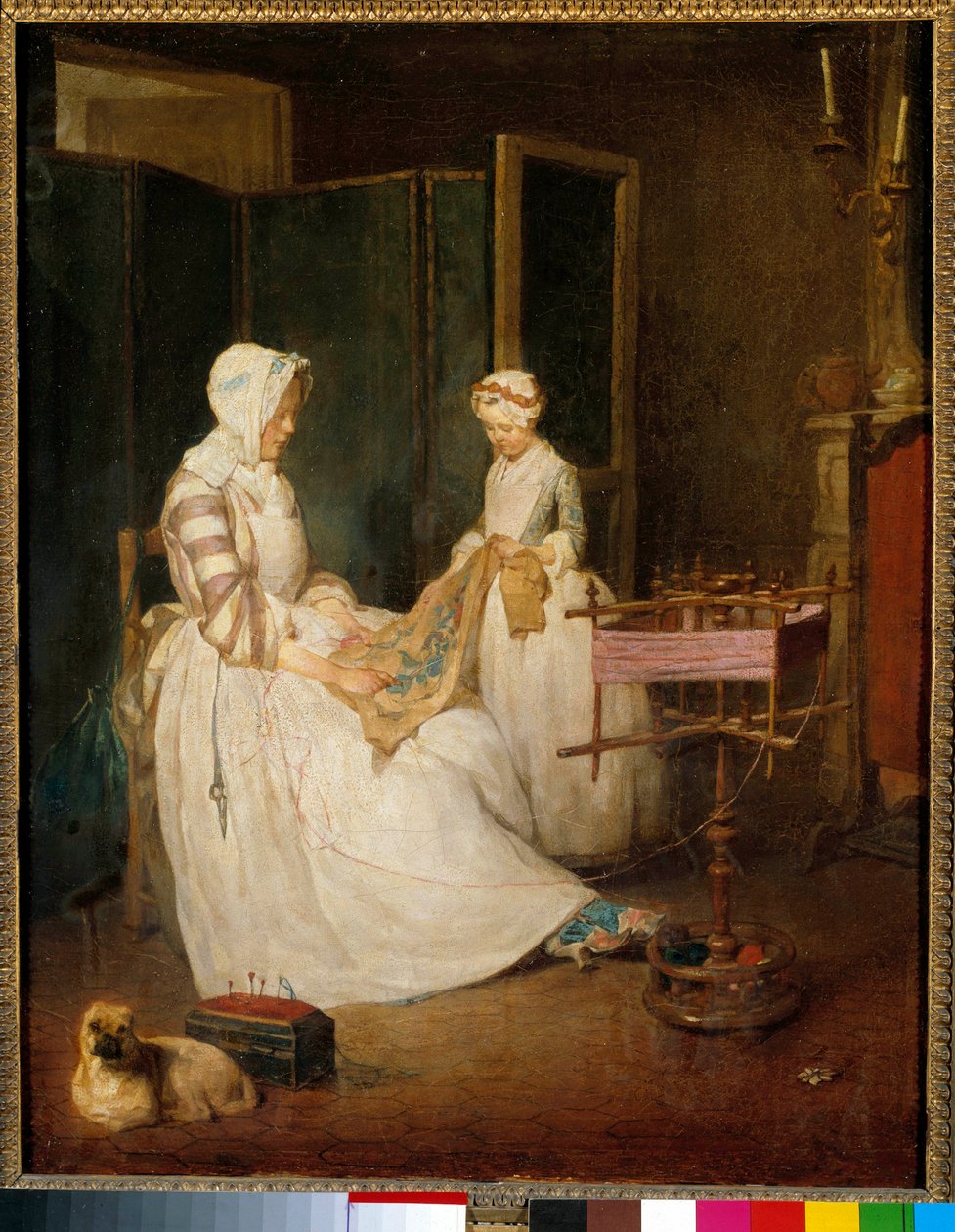 Pracující matka Matka pomáhala tím, že její dcera vyšívala a používala čeder. Obraz Jean Baptiste Simeon Chardin (1699-1779) 18. století Sun. 0,4x0,39 m od Jean Baptiste Simeon Chardin
