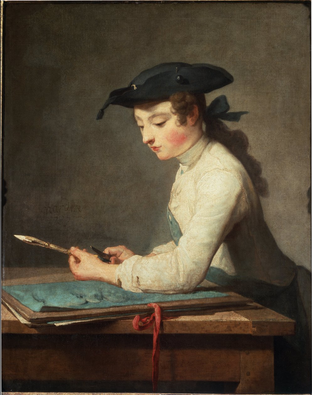 Mladý karikaturista vyřezává tužku. Obraz Jean Baptiste Simeon Chardin od Jean Baptiste Simeon Chardin
