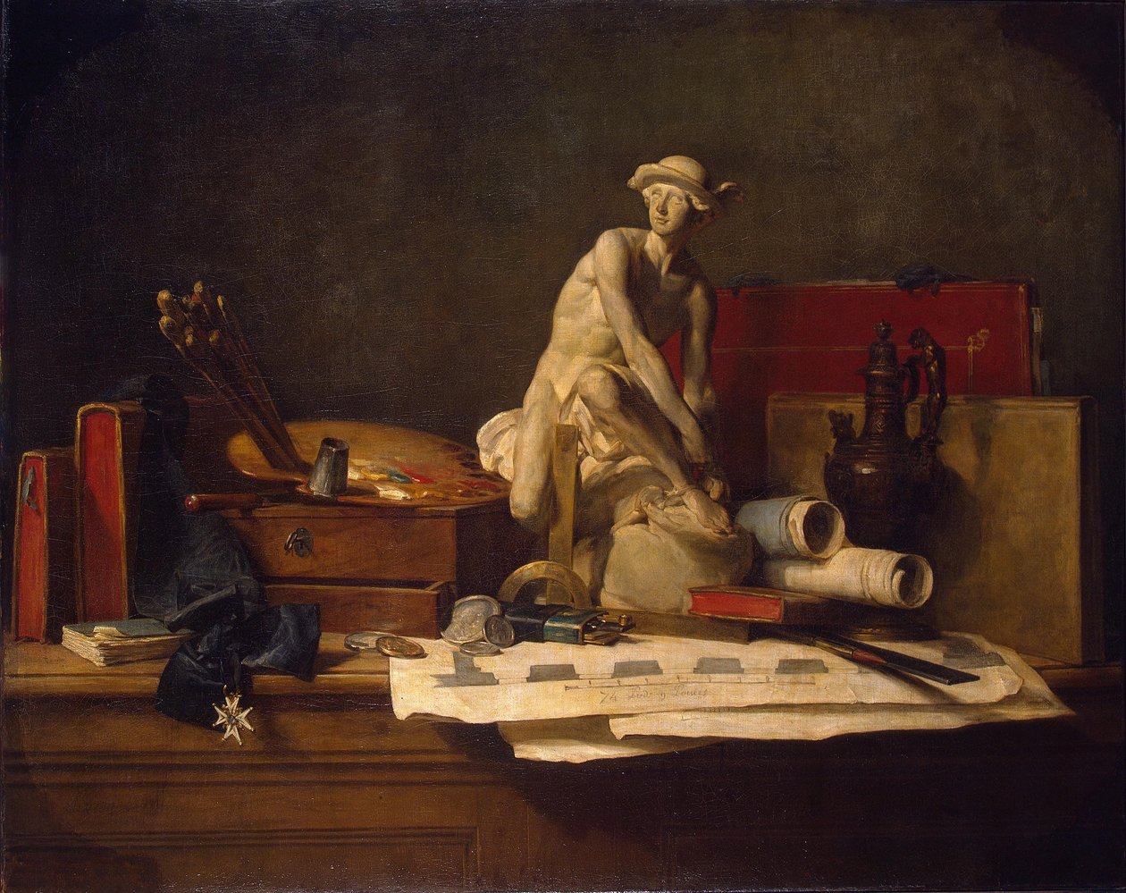Francouzština:  Nature morte avec des attributs des Arts Zátiší s atributy umění od Jean Baptiste Simeon Chardin