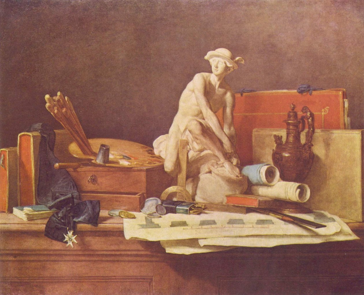 Francouzština:  Nature morte avec des attributs des Arts Zátiší s atributy umění od Jean Baptiste Simeon Chardin