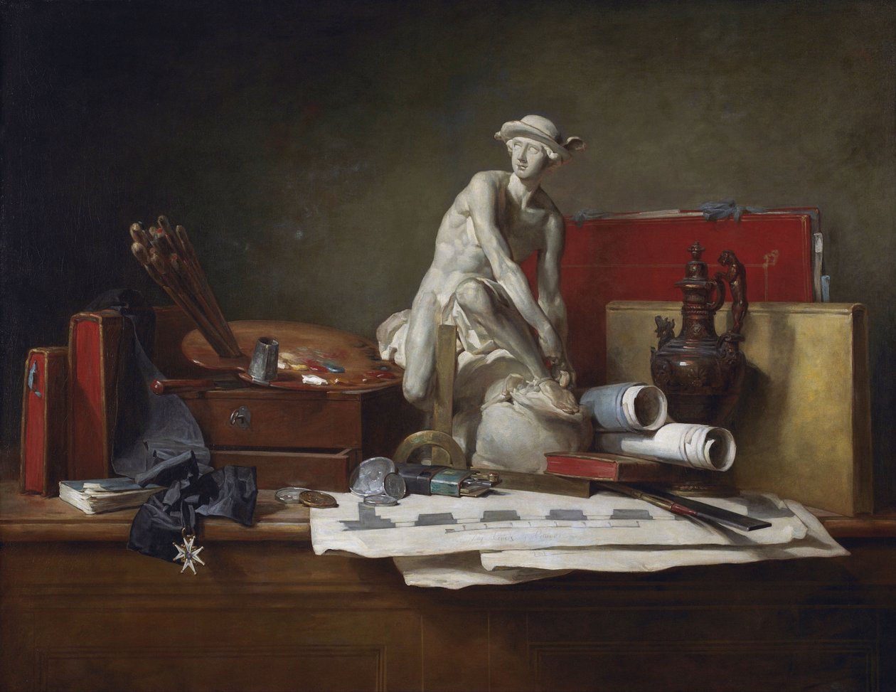 Francouzština:  Nature morte aver des attributs des Arts Vlastnosti umění a odměny, které jsou jim přiznány. od Jean Baptiste Simeon Chardin
