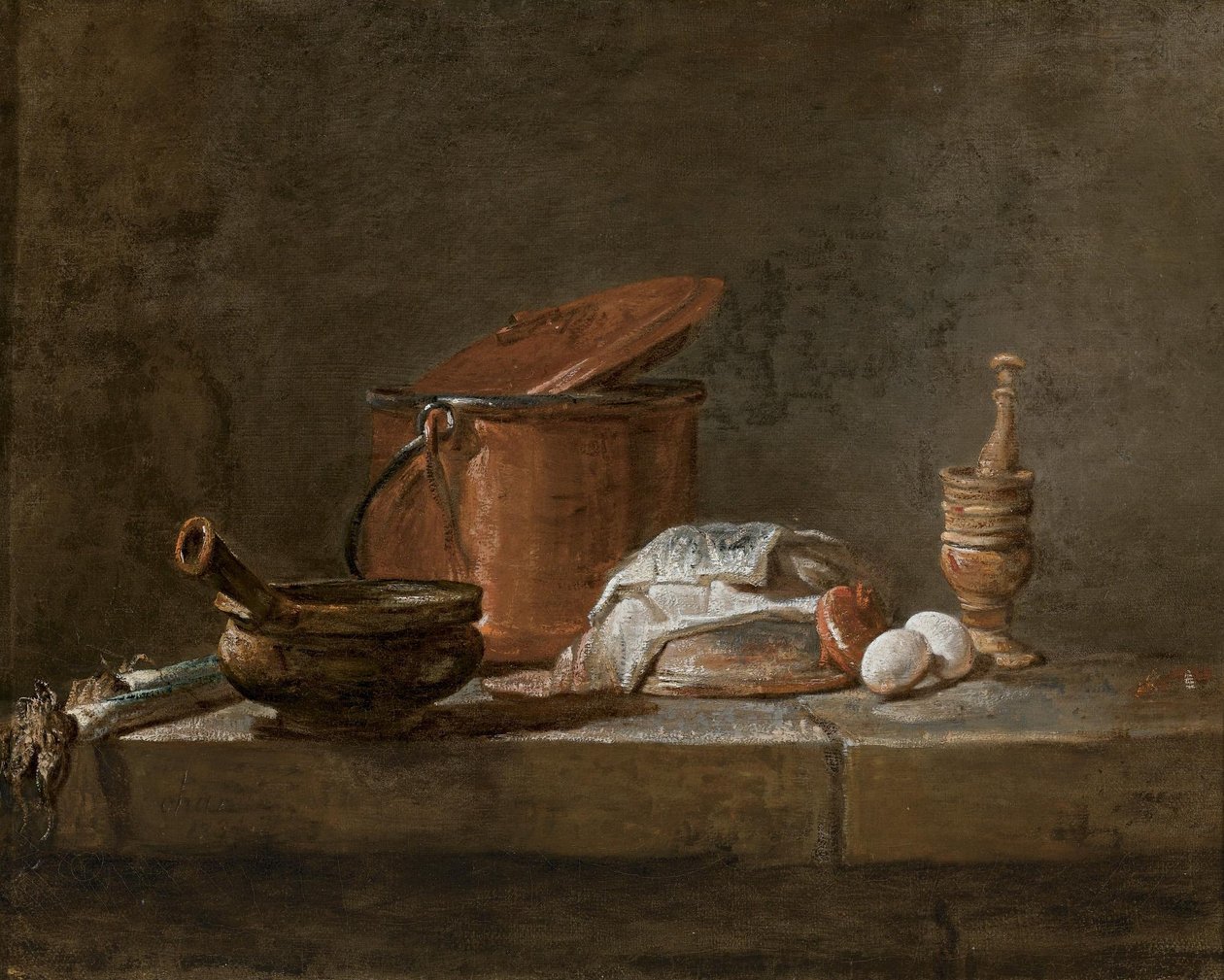 Pórek, kastrol s utěrkou, měděný hrnec a poklička, cibule a vejce s tloukem a hmoždířem, na kamenné římse. od Jean Baptiste Simeon Chardin