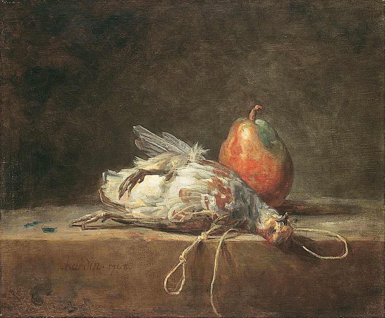 Zátiší s koroptví a hruškou od Jean Baptiste Simeon Chardin