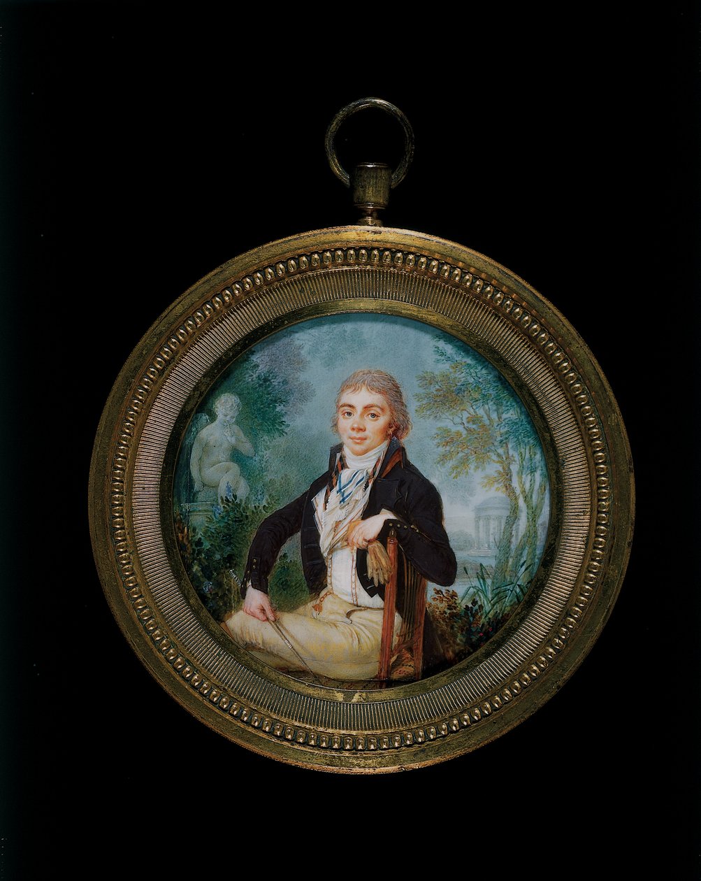Portrétní miniatura mladého gentlemana jménem pan Videl, sedící tříčtvrteční délka (rám pozlacený bronz) od Jean Baptiste Soyer