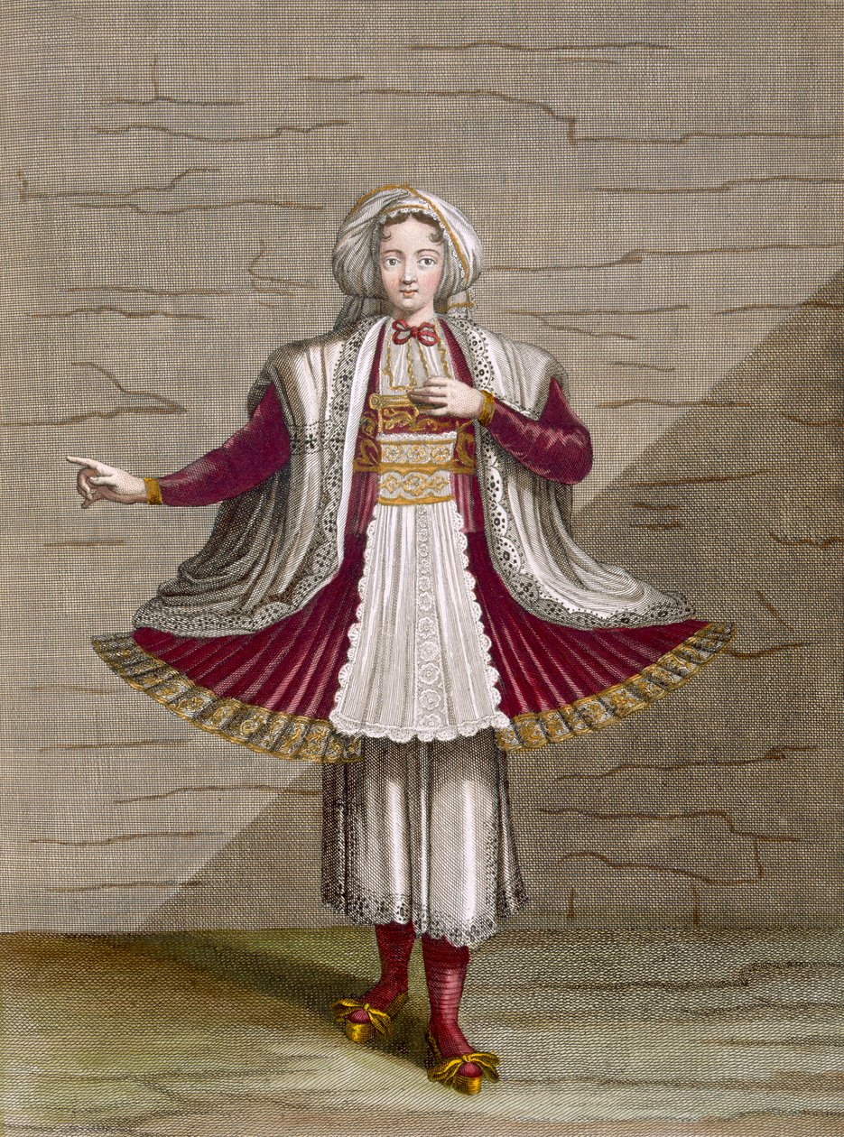Dívka z Naxu, deska 71 ze „Sbírky jednoho sta tisků představujících různé národy Levanty“ od Charlese de Ferriola, vyryl Gerard Scotin (1671-1716), 1707-08 (barevná engra od Jean Baptiste Vanmour