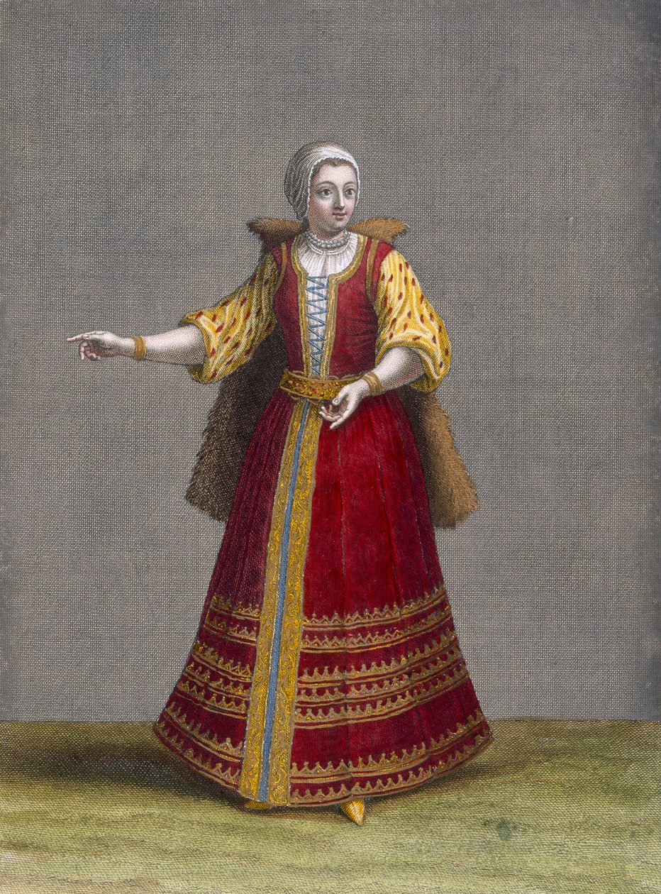 Maďarská žena, deska 77 ze „Sbírky jednoho sta tisků představujících různé národy Levanty“ od Charlese de Ferriola, vyryl Jean-Baptiste Haussard (fl.1679-1749), 1707-08 ( od Jean Baptiste Vanmour