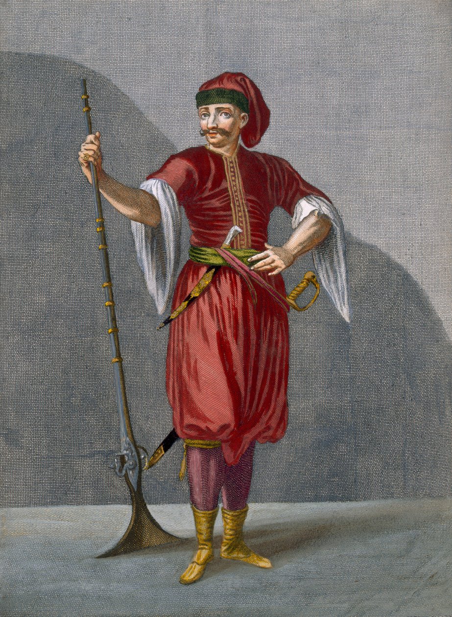 Albánský voják, deska 78 ze „Sbírky jednoho sta tisků představujících různé národy Levanty“ od Charlese de Ferriola, vyryl Gerard Scotin (1671-1716), 1707-08 (barevné e od Jean Baptiste Vanmour