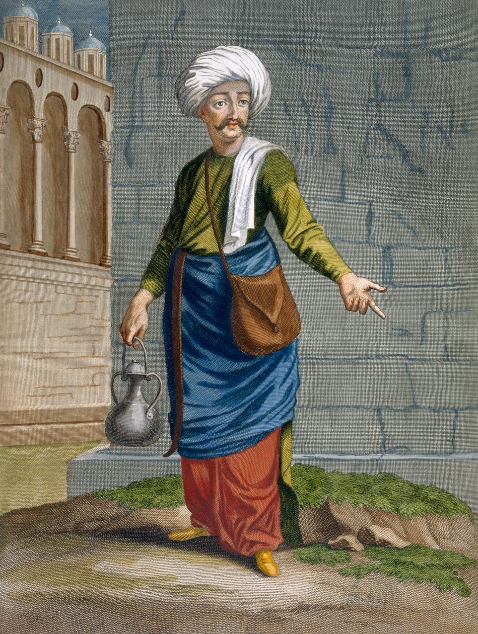 Ambulantní holič, deska 58 ze "Sbírky sta tisků zobrazujících různé národy Levanty" od Charlese de Ferriol, vyryl Gerard Scotin (1671-1716), 1707-08 (kolorováno en). od Jean Baptiste Vanmour