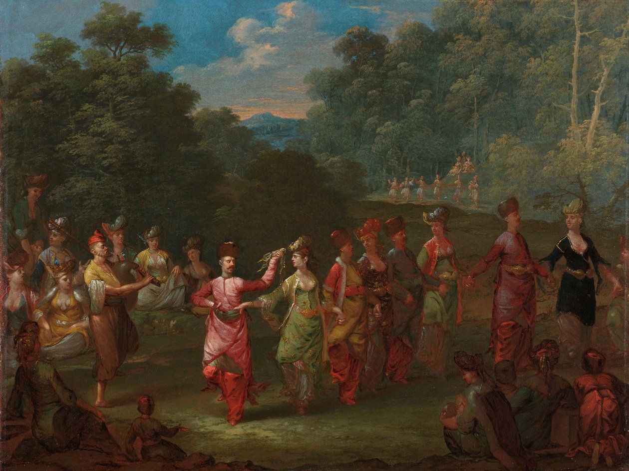 Řečtí muži a ženy tančící na Khorru, c.1720-37 od Jean Baptiste Vanmour