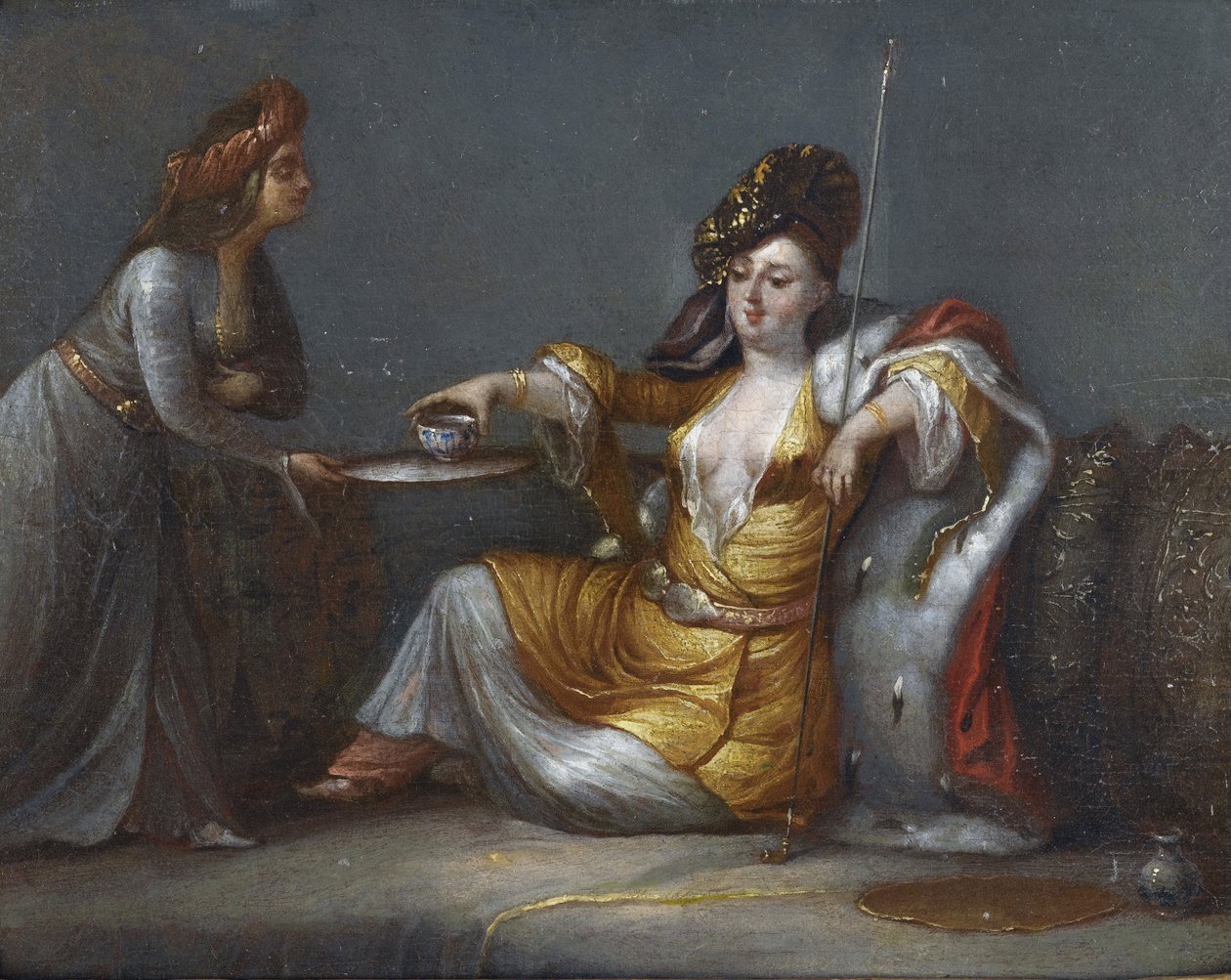 ""Sultana si bere kávu"" (Sultana si bere kávu) Obraz ze školy Jeana Baptista (Jean-Baptiste) Vanmour (Van Mour) (1671-1737) Soukromá sbírka od Jean Baptiste Vanmour
