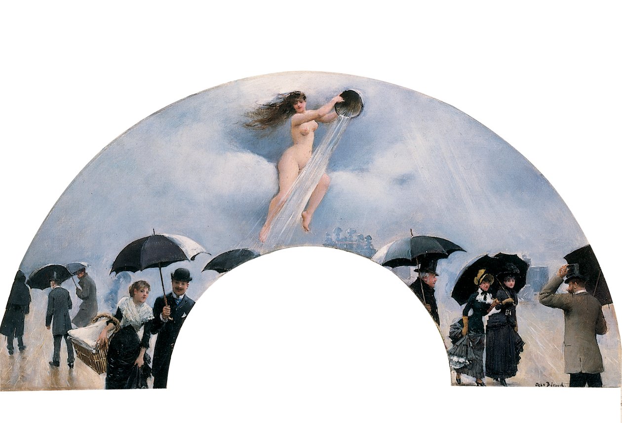 Alegorie deště, namalovaná jako vějíř od Jean Beraud