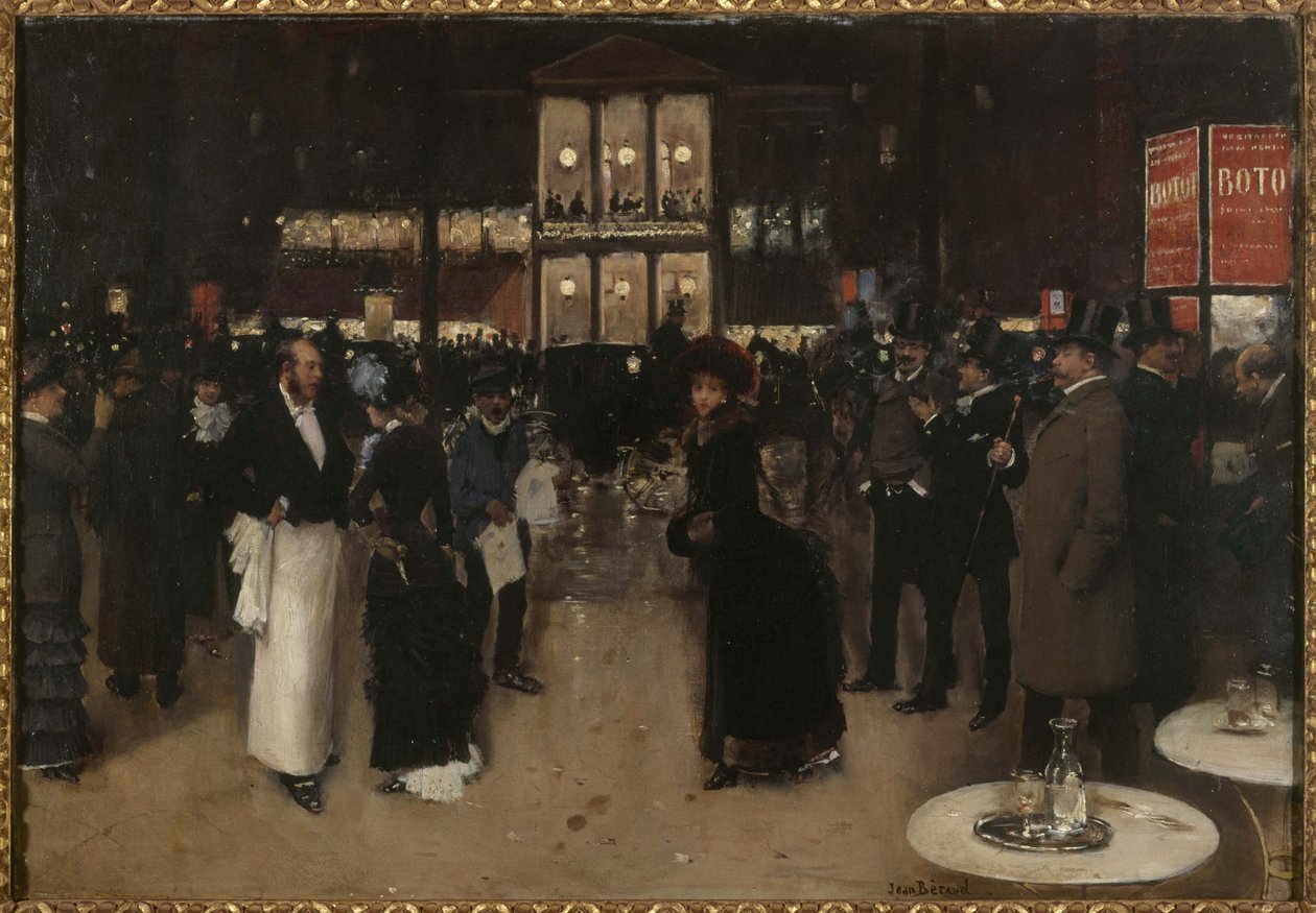 Boulevard Montmartre v noci, před divadlem Théâtre des Variétés, asi 1885 (olej na plátně) od Jean Beraud