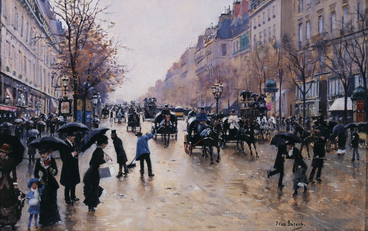 Boulevard Poissonière v dešti, asi 1880 (olej na plátně) od Jean Beraud