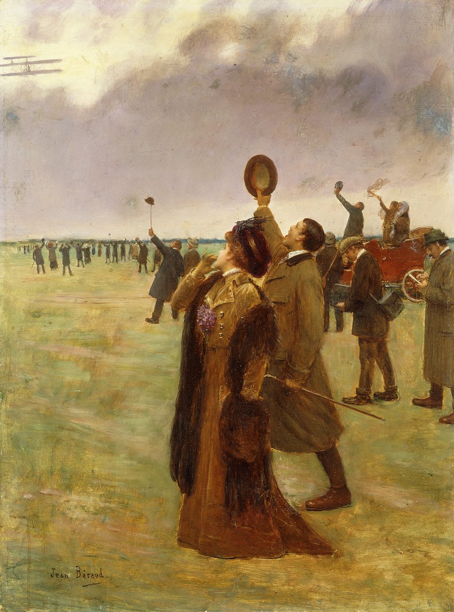 Let Wrightova dvouplošníku; Envole d"un Biplan Type Wright, od Jean Beraud