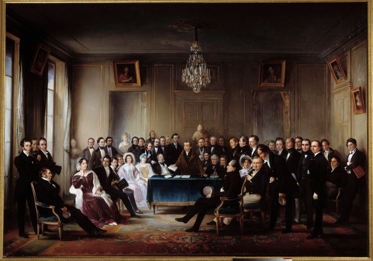Básník a dramatik Francois Guillaume Andrieux čte svou tragédii Junius Brutus „“ ve foyer v Comedie Francaise dne 26. 5. 1828“ Mezi dárky Alexandre Dumas, Pierre Nicolas Michelot, Jean Francois Becquerel, Firmin, Victor Hugo, Eugene od Jean Beraud