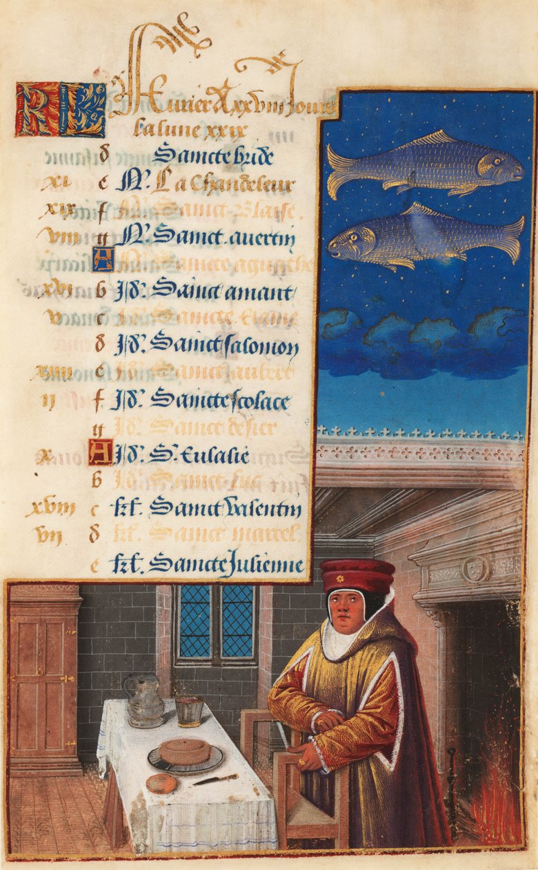 Hodiny Ludvíka XII. (dříve Hodiny Jindřicha VII.), Kalendářní list na měsíc únor, cca 1490-1510 (tempera na pergamenu) od Jean Bourdichon