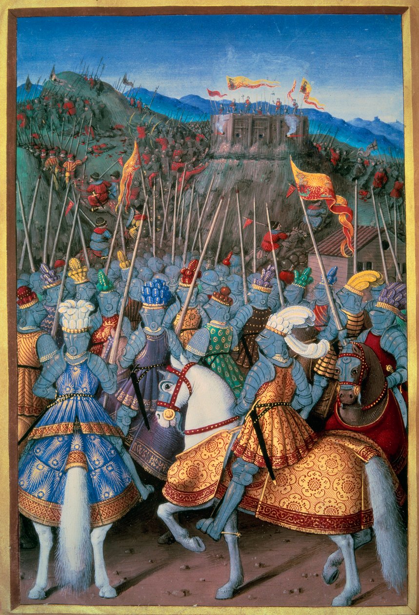 Italské války: Král Ludvík XII. (1462-1515) napadl Genes se svými vojáky v roce 1507. Miniatura z „The Voyage of Genes“ od Jeana Marota (1450-1526) osvětlená Jeanem Bourdichonem (1457-1521) 1510 Paříž, B.N. od Jean Bourdichon