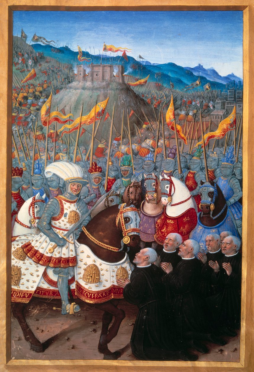 Ludvík XII. (1462-1515) obdržel šest měšťanů od Genes klečících (25. dubna 1507). Miniatura od Jeana Bourdichona (1457? - 1521) v “” Voyage de Genes”” (Folio 20v) od Jeana Marota, v.1508. Paříž, BN od Jean Bourdichon
