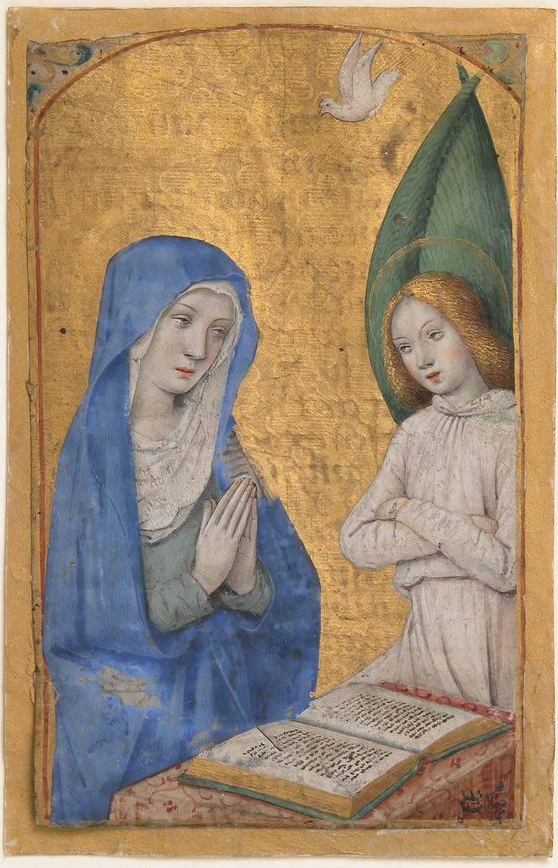 Rukopisný list se Zvěstováním z knihy hodin, francouzsky, ca. 1485-90. od Jean Bourdichon