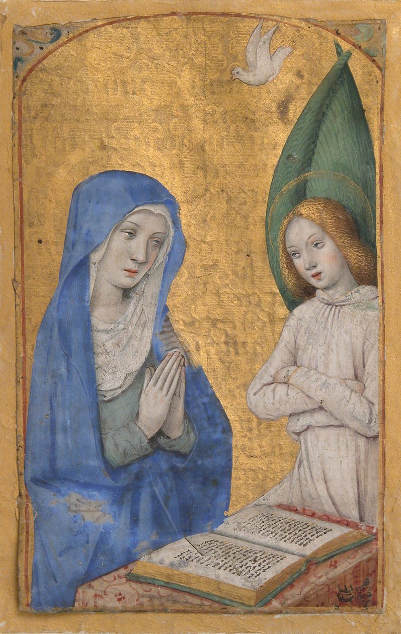 Rukopisný list se Zvěstováním z knihy hodin, ca. 1485-90. od Jean Bourdichon