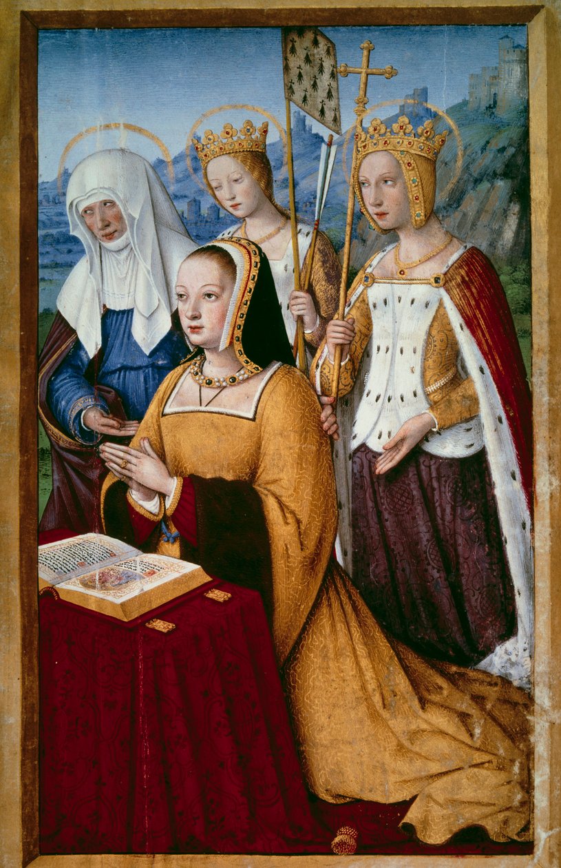 Portrét Anny Bretaňské (1477-1514), francouzské královny, při modlitbě se svými svatými patronkami svatou Annou, svatou Helenou a svatou Uršulou Miniatura převzatá z knihy "Velké hodiny Anny Bretaňské" od Jeana Bourdichona (1457-1521) 1503-1508. Paříž, B.N od Jean Bourdichon