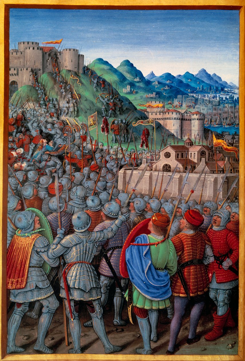Genois zaútočil na stráž Castellacio de Genes Francouzi (12. března 1507). Miniatura od Jeana Bourdichona (1457? - 1521) v “” Voyage de Genes”” (Folio 20v) od Jeana Marota, v.1508. Paříž, NL od Jean Bourdichon