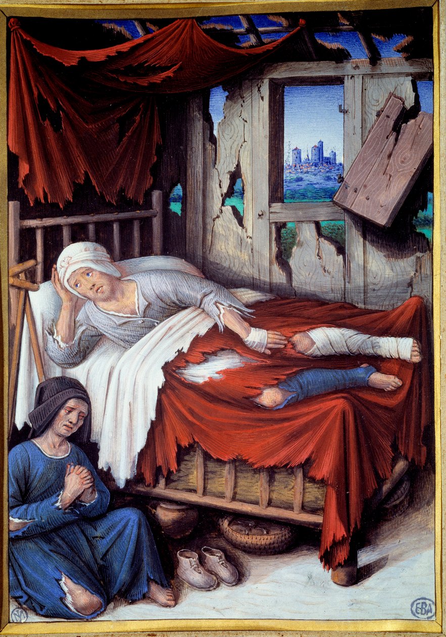 Smrt chudáka. Žena u lůžka umírajícího muže, modlete se. Obraz Jeana Bourdichona (v. 1457-1521) od Jean Bourdichon