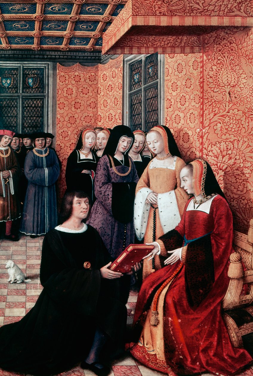 Básník Jean Marot (1450-1526) předal své dílo Plavba do Janova Anně Bretaňské (1477-1514), cca 1508, miniatura Jeana Bourdichona (1457-1521). Francie od Jean Bourdichon