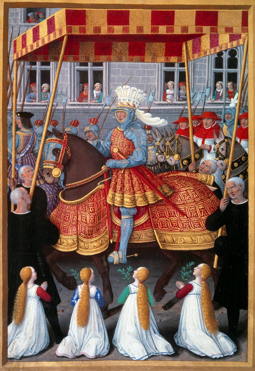 Triumfální vstup krále Ludvíka XII. (1462-1515) do Genes v dubnu 1507 Miniatura pořízená z „Le voyage a Genes““ od Jeana Marota (1450-1526) osvíceného Jeanem Bourdichonem (1457-1521) 1508. Paříž, B.N. od Jean Bourdichon