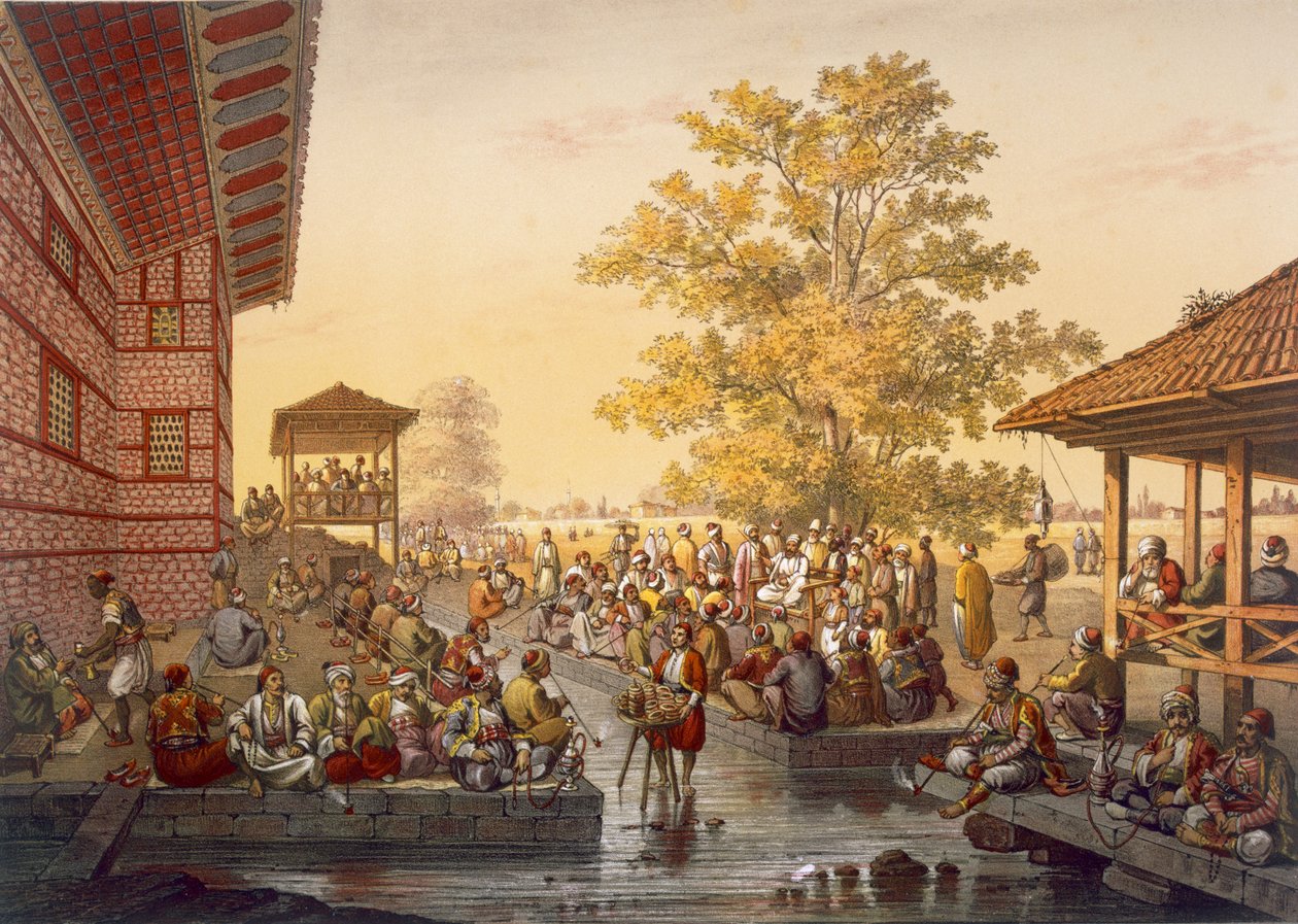 Volnočasová scéna v Pinarbasi, čtvrti Bursa. Vypravěč pobaví veřejnost z hospody Souvenirs de Constaninople. 1845 od Jean Brindesi