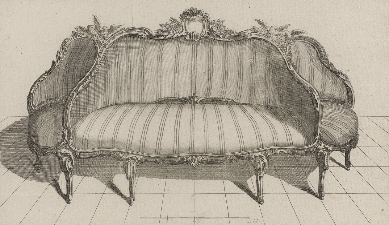 Sofa à Jouë v malebném stylu, vydaná v polovině 70. let 18. století (rytina na položený papír) od Jean Charles (after) Delafosse