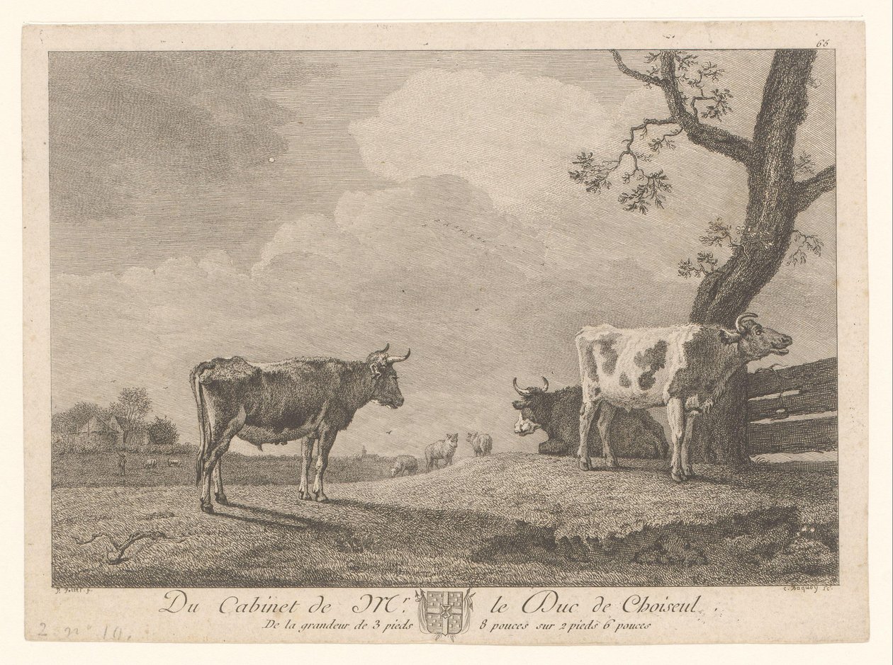 Tři krávy na louce Díla ze sbírky Étienna Françoise de Choiseul (název série) Du kabinet mr. le Duc de Choiseul (název série na objektu) od Jean Charles Baquoy
