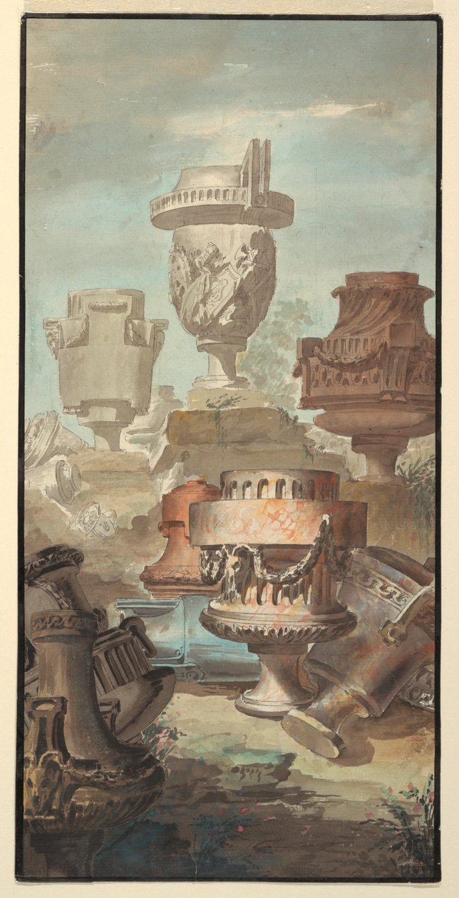 Kresba, Ruin Fantasy: Vázy a urny, 1770 od Jean Charles Delafosse