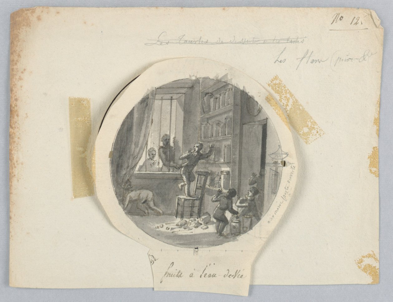 Design pro malovaný porcelánový talíř, ovoce ve švestkovém likéru pro Services des Objets de Dessert (Dezertní služba) od Jean Charles Develly