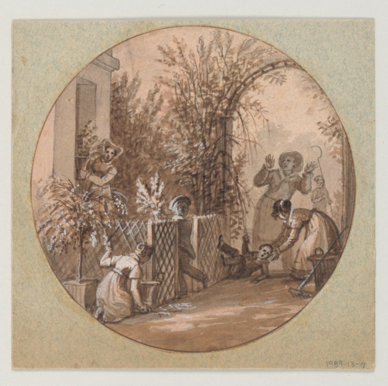 Návrh pro malovaný porcelánový talíř, zahradní scéna ze služby Service de la Culture des Fleurs (Služba pěstování květin) od Jean Charles Develly