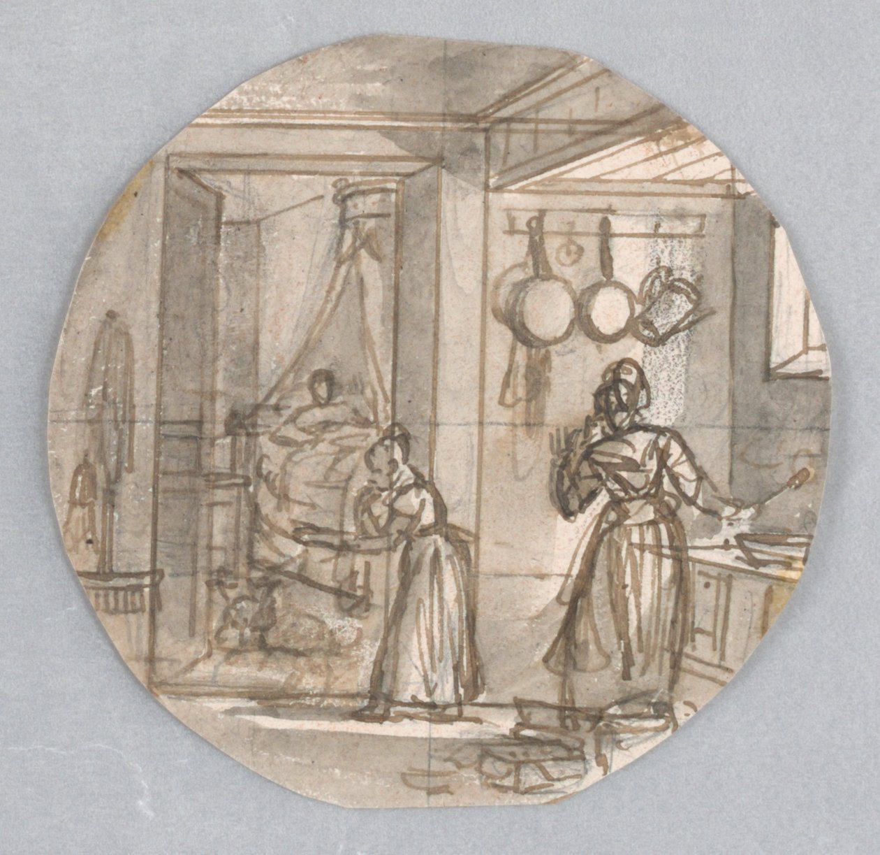Návrh pro malovaný porcelánový talíř, kuchyňská scéna se zadní ložnicí, případně pro Service des Objets de Dessert (Dezertní služba) od Jean Charles Develly