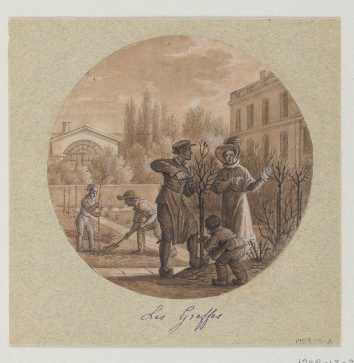 Návrh pro malovaný porcelánový talíř, Les Greffes (štěpy) od Service de la Culture des Fleurs (Služba pěstování květin) od Jean Charles Develly