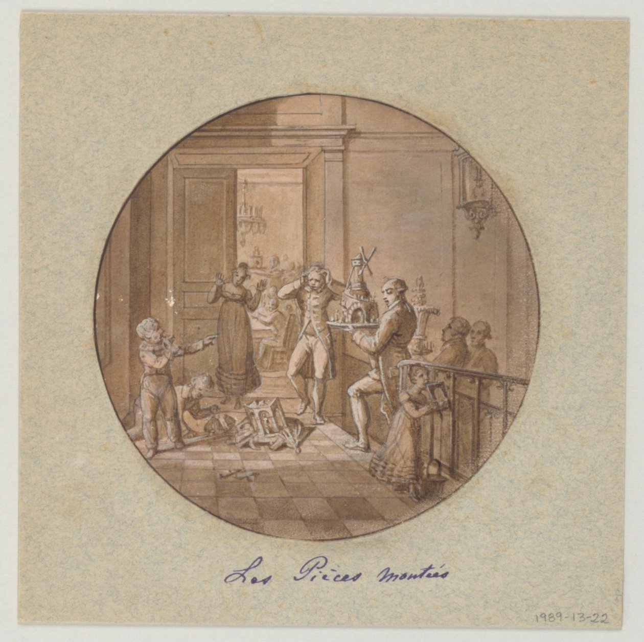 Návrh pro malovaný porcelánový talíř, Les Pieces Montées (patrované dorty) pro Service des Objets de Dessert (Služba dezertů) od Jean Charles Develly