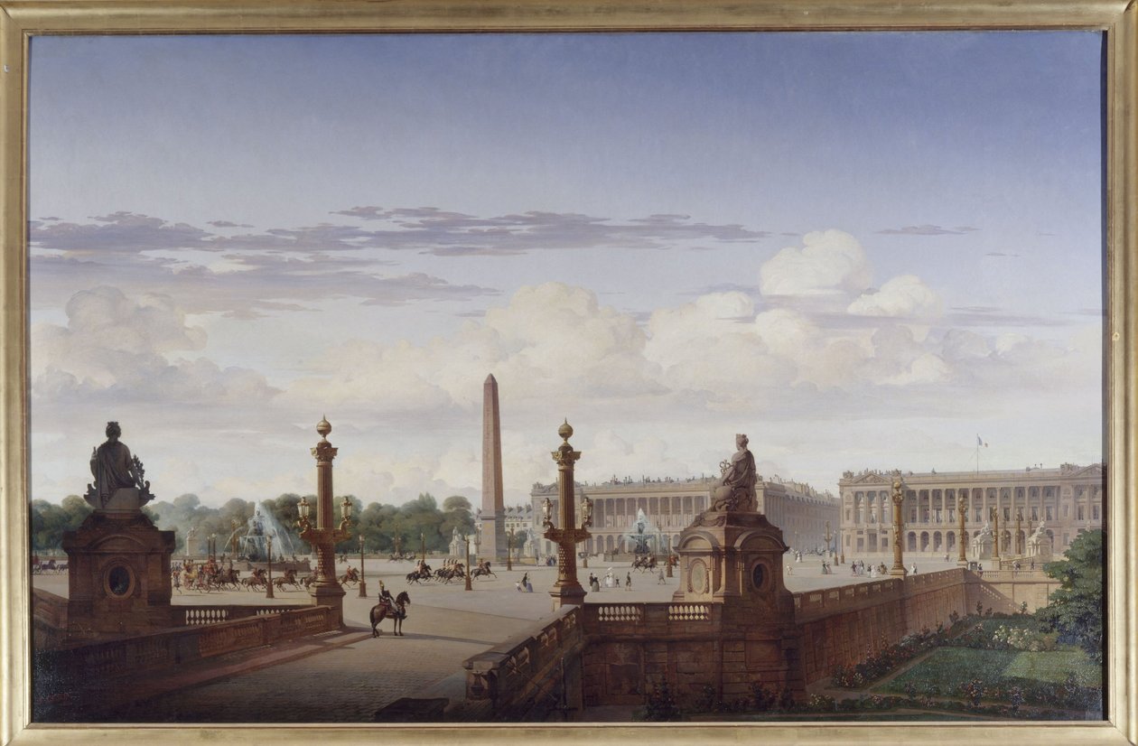 Place de la Concorde, pohled z terasy u vody; král Ludvík Filip projíždí náměstím v kočáře, 1846 (olej na plátně) od Jean Charles Geslin