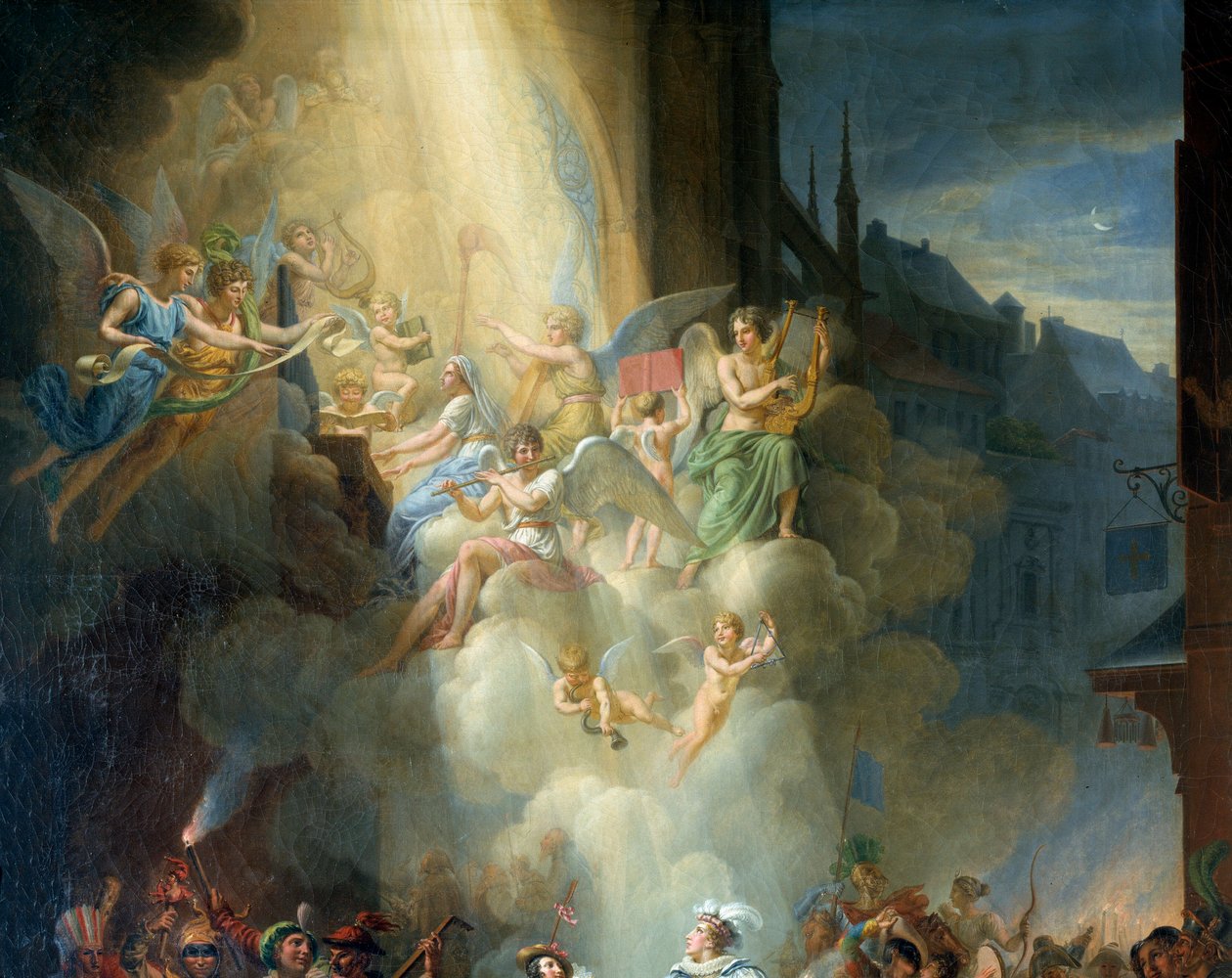 Detail "" Obrácení Henri de Joyeuse"" (16. století). Hudební andělé. Obraz Jean Charles Tardieu (1765-1830) od Jean Charles Tardieu