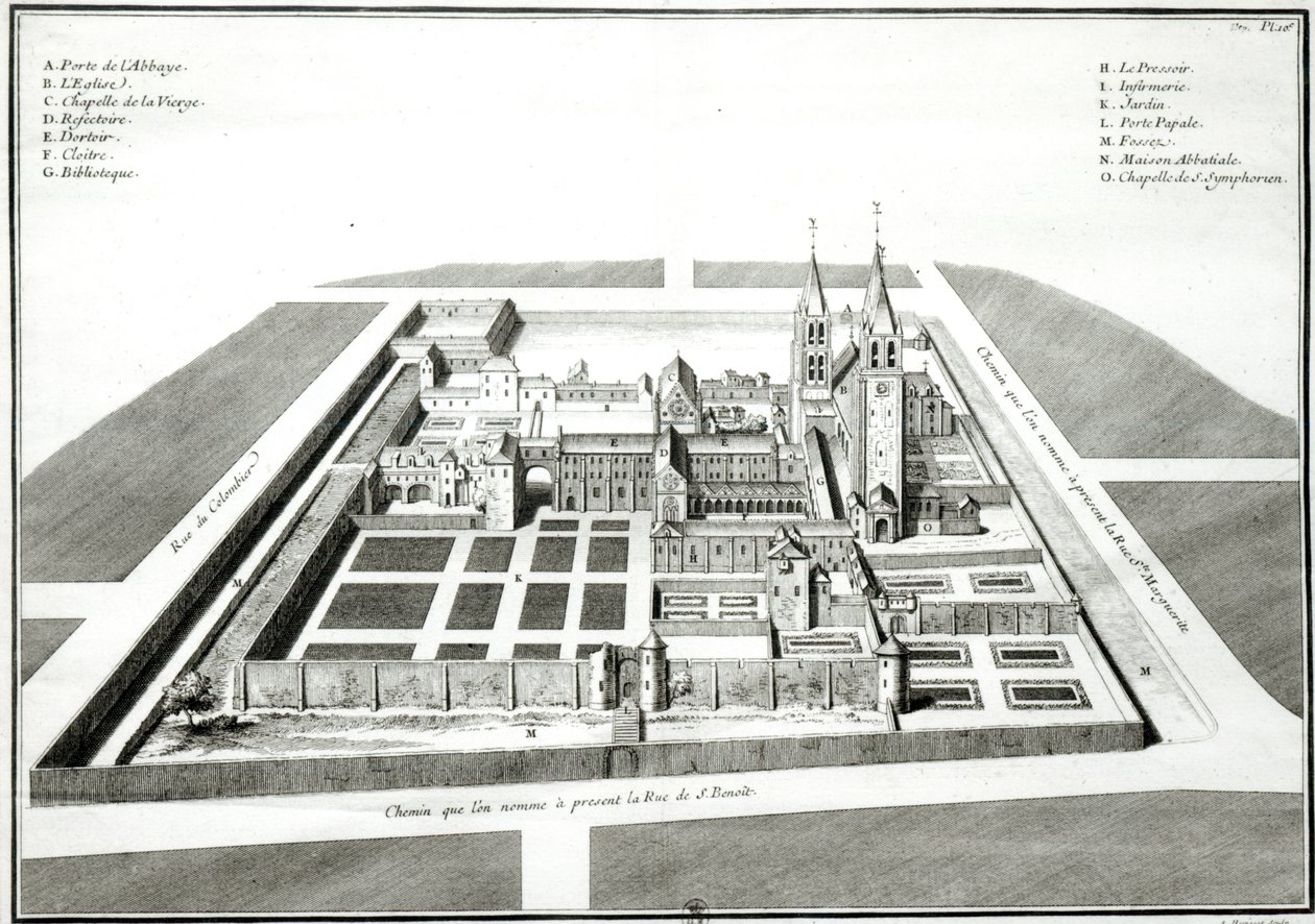 Pohled na opatství Saint-Germain-des-Pres před rokem 1640, rytina Antoine Herisset (1685-1769) od Jean Chaufourier