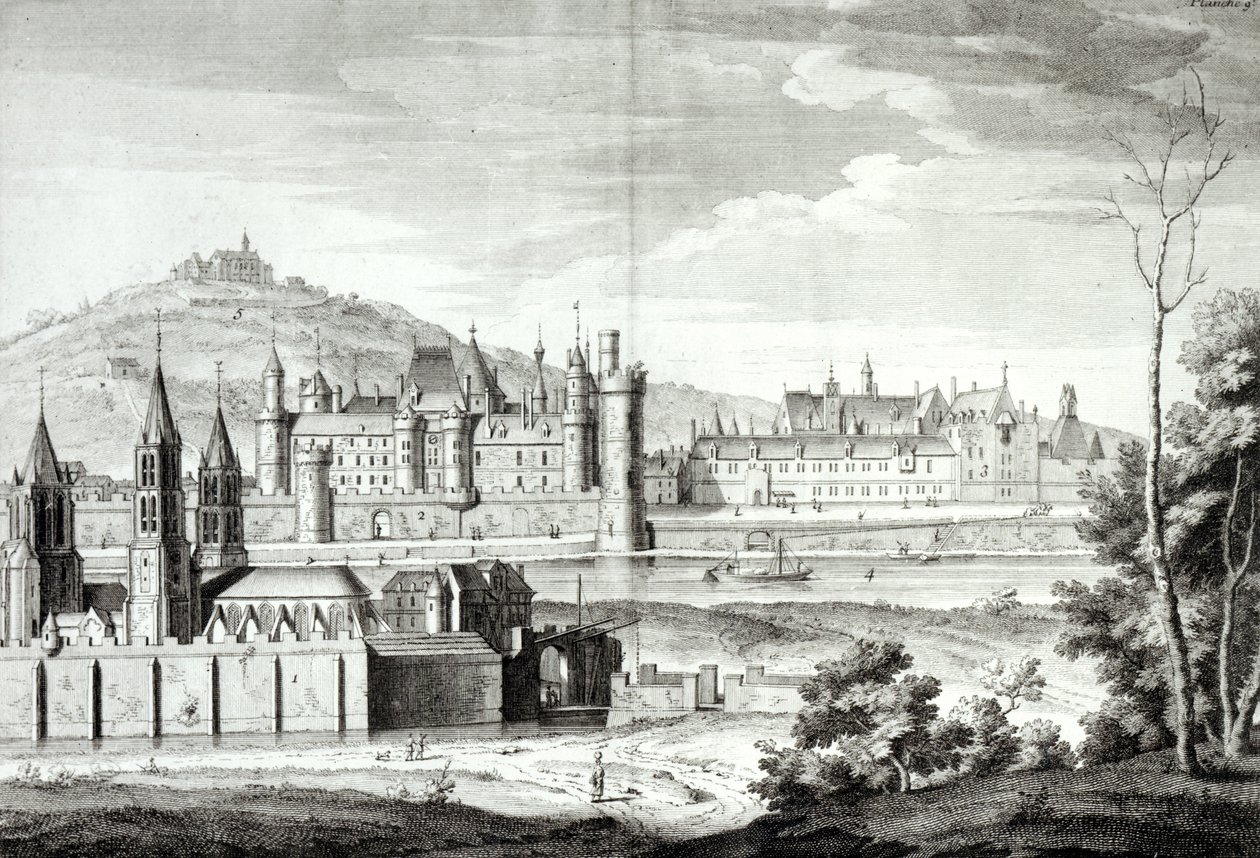 Pohled na opatství Saint-Germain-des-Pres, Louvre, Petit Bourbon, Montmartre a Seinu v roce 1410, rytina Antoine Herisset (1685-1769) od Jean Chaufourier