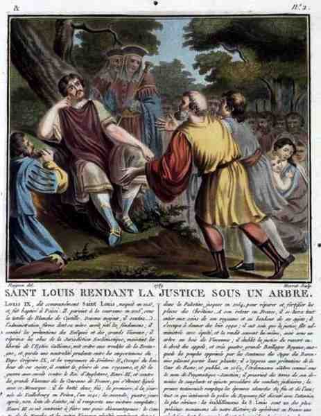 Saint Louis (1215-70) poskytuje spravedlnost pod stromem, vyryl Jean Baptiste Morret (fl. 1790-1820) 1789 (barevná rytina) od Jean Claude (after) Naigeon