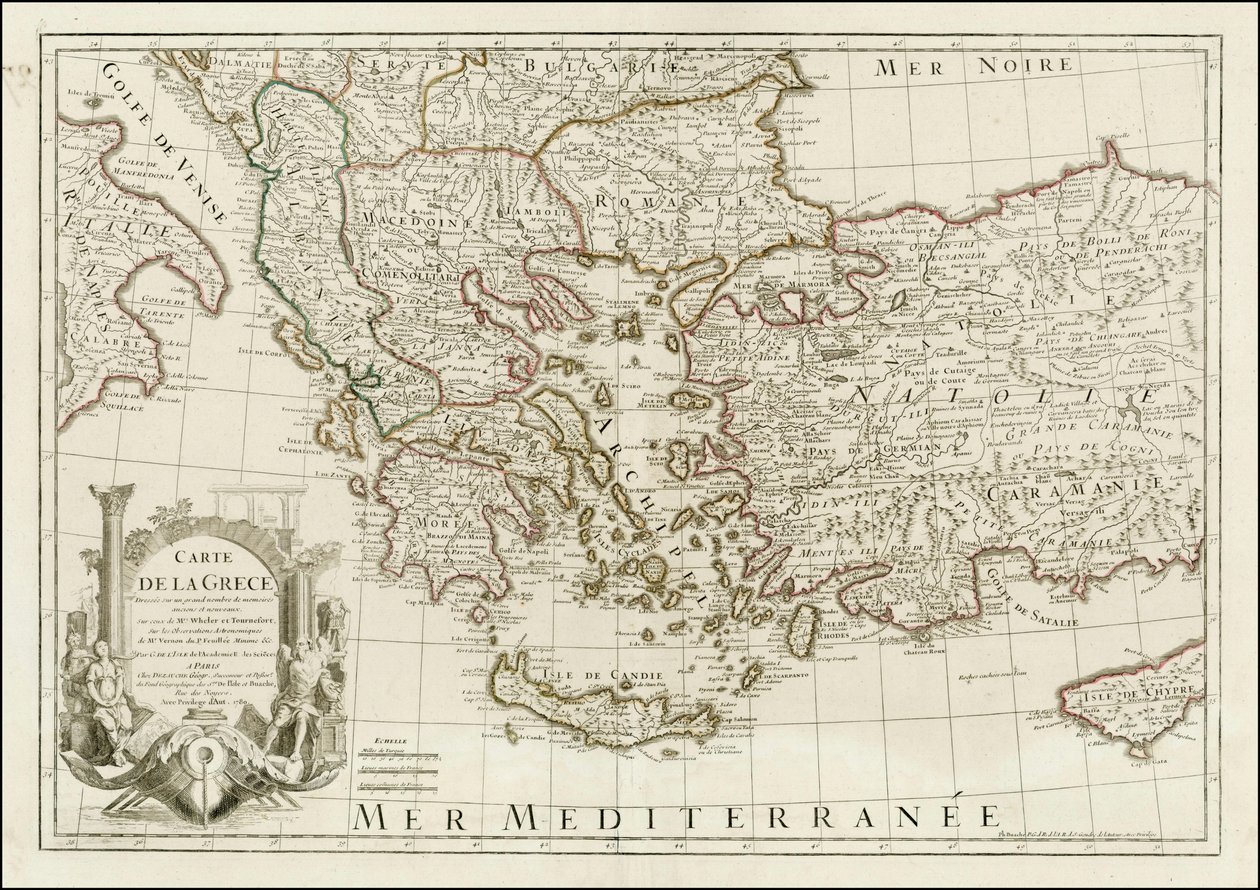 1780 mapa - Carte de la Grece Dressee sur un grand nombre de memoires anciens et nouveaux, Sur ceux de Mrs. Whele et Tournefort od Jean Claude Dezauche