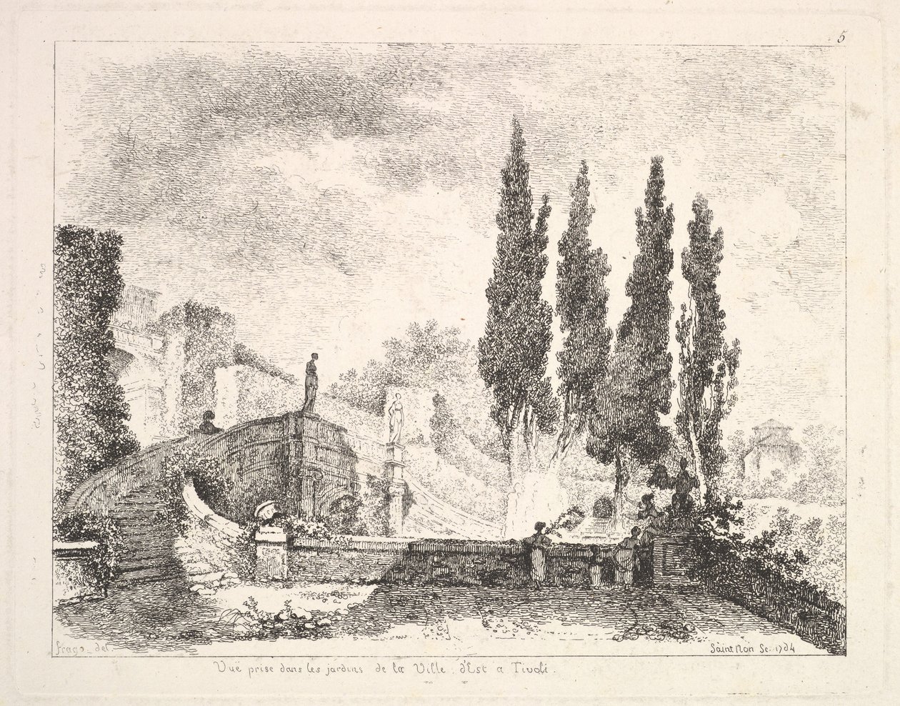 Pohled do zahrad ve Villa dEste v Tivoli, kypry vpravo, schodiště vedoucí..., 1764. od Jean Claude Richard Saint Non