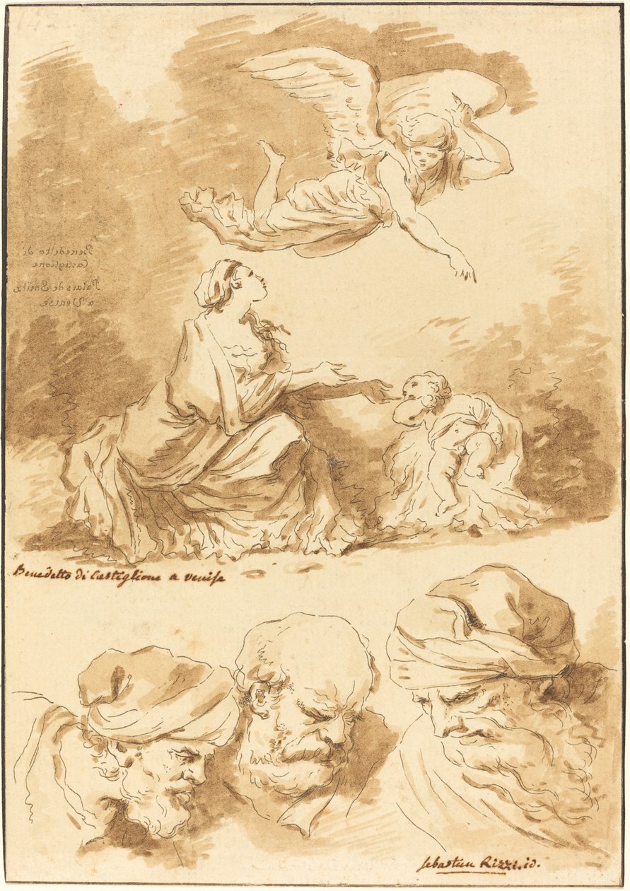 Hagar utěšovaná andělem (z obrazu Castiglione) a Tři hlavy starců (z obrazu Ricciho Ježíše a cizoložnice) od Jean Claude Richard de Saint Non after Jean Honoré Fragonard