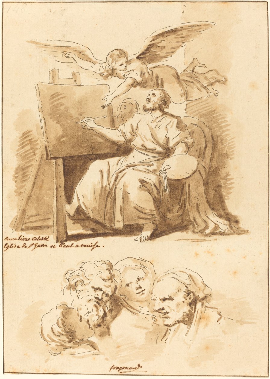 Svatý Lukáš u stojanu a čtyři výrazné hlavy od Jean Claude Richard de Saint Non after Jean Honoré Fragonard after Andrea Celesti